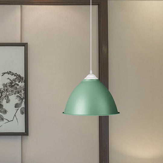 1-Light Industrial Dome Pendant Light In Frosted Green/Yellow For Dining Room - Aluminum Ceiling