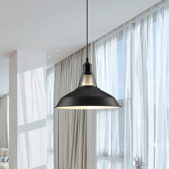 Barn Shade Hanging Lamp - 1 Light Metallic Pendant In Black/White 10.5/12/15 Inch Wide Perfect For