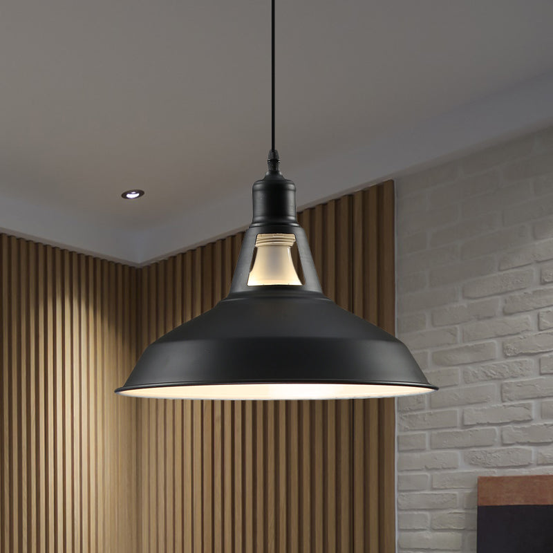 Barn Shade Hanging Lamp - 1 Light Metallic Pendant In Black/White 10.5/12/15 Inch Wide Perfect For