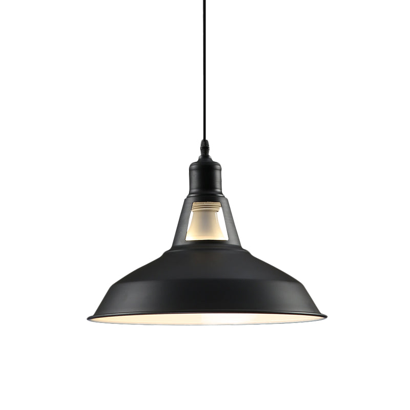 Barn Shade Hanging Lamp - 1 Light Metallic Pendant In Black/White 10.5/12/15 Inch Wide Perfect For