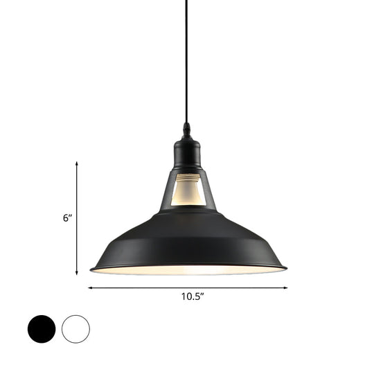 Barn Shade Hanging Lamp - 1 Light Metallic Pendant In Black/White 10.5/12/15 Inch Wide Perfect For
