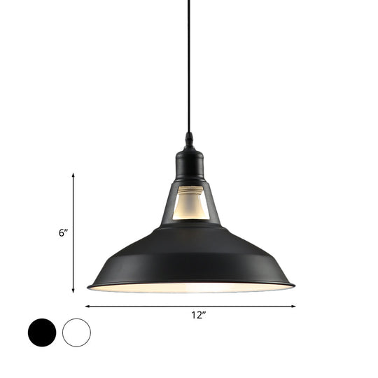 Barn Shade Hanging Lamp - 1 Light Metallic Pendant In Black/White 10.5/12/15 Inch Wide Perfect For
