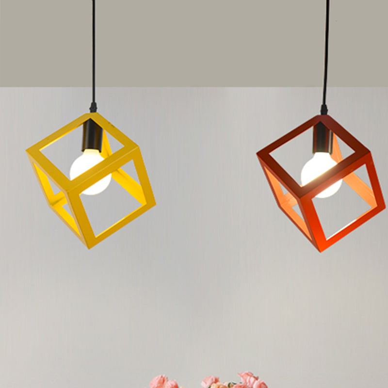 Loft Style Cubic Cage Pendant Light With Colorful Shades For Dining Room