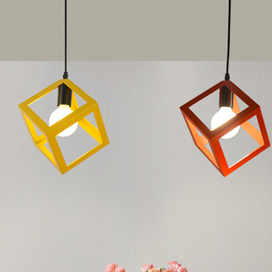 Loft Style Cubic Cage Pendant Light With Colorful Shades For Dining Room