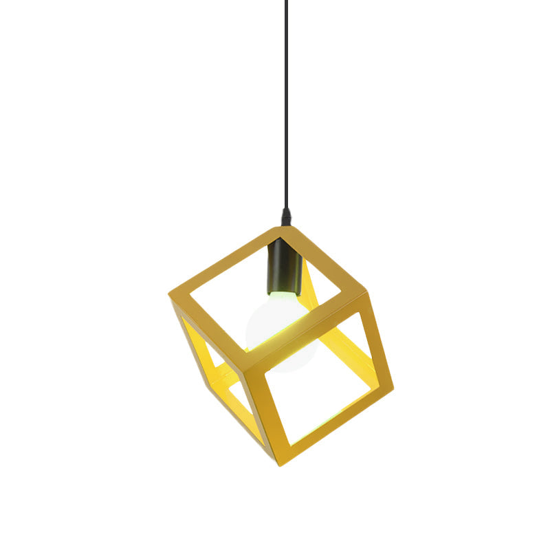 Loft Style Cubic Cage Pendant Light With Colorful Shades For Dining Room