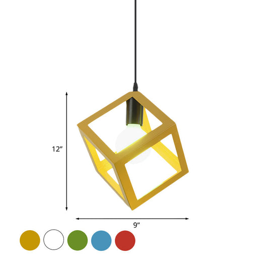 Loft Style Cubic Cage Pendant Light With Colorful Shades For Dining Room
