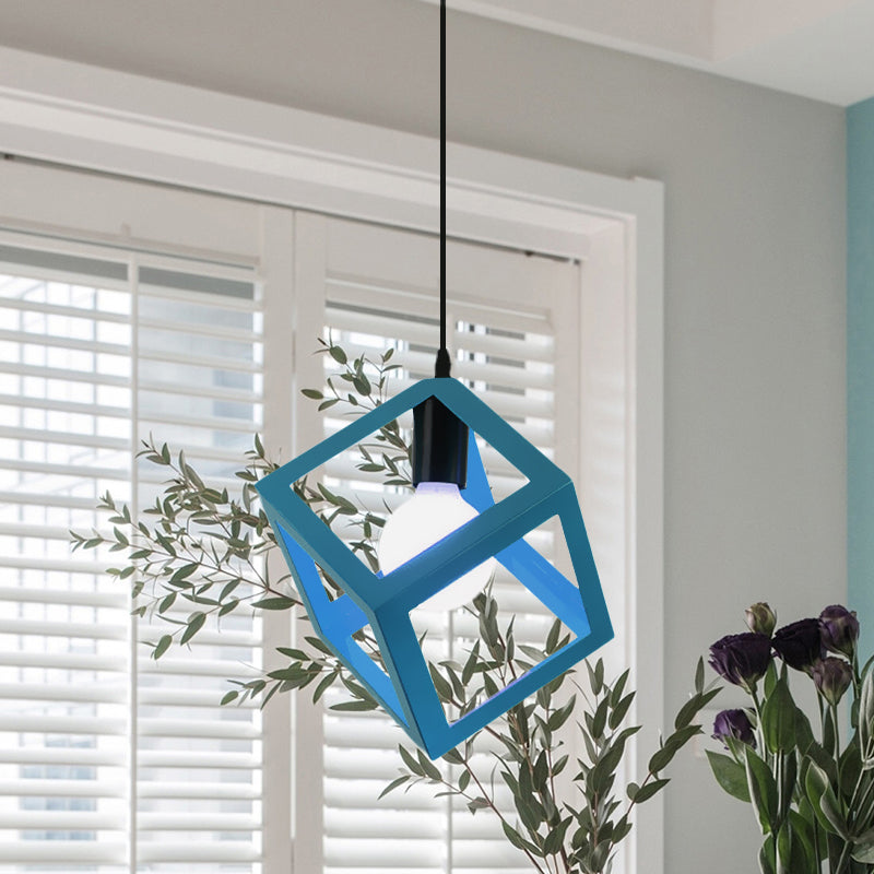 Loft Style Cubic Cage Pendant Light With Colorful Shades For Dining Room