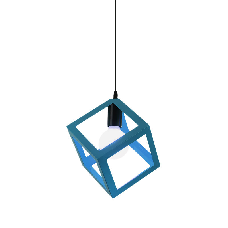 Loft Style 1-Light Hanging Lamp With Cubic Metal Cage Shade - Red/Blue/Green Pendant For Dining Room