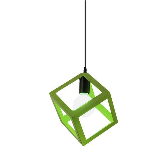 Loft Style Cubic Cage Pendant Light With Colorful Shades For Dining Room