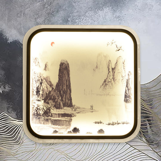 Chinese Style Mountain Patterned Square Mural Lamp With Led Flush Mount For Living Room In Grey/Blue