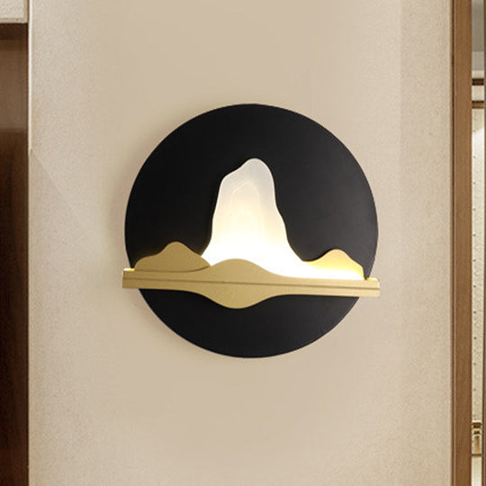 Black And Gold Asian Led Wall Sconce With Mountain River Mural Light