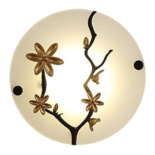 Opal Frosted Glass Led Wall Lamp In Gold - Flower Branch Bedside Mural Asia-Inspired Mounted Light