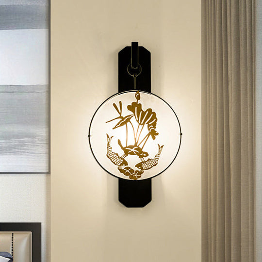 Chinese Fabric Bedroom Wall Lamp With Carp And Lotus Leaves Murals In Black-Gold Black