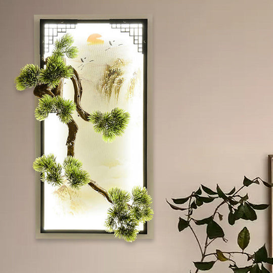 Chinese Landscape Pine Tree Iron Mural Sconce Light With Led Flush Mount - Green Decor / A