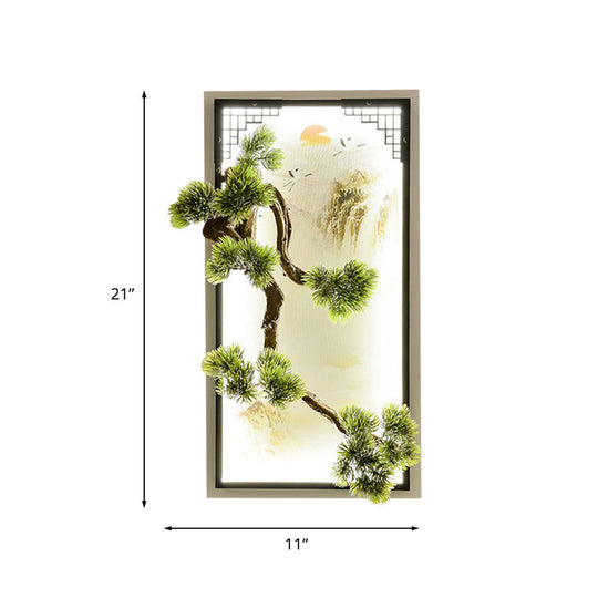 Chinese Landscape Pine Tree Iron Mural Sconce Light With Led Flush Mount - Green Decor