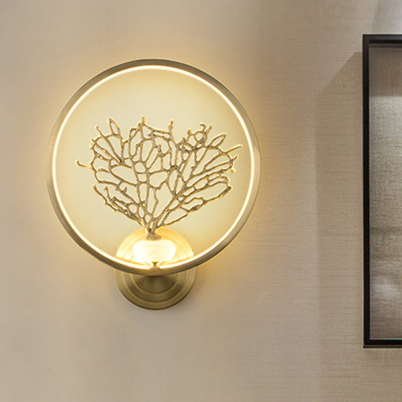 Contemporary Led Wall Mount Light With Gold Metallic Tree Design And Glowing Hook
