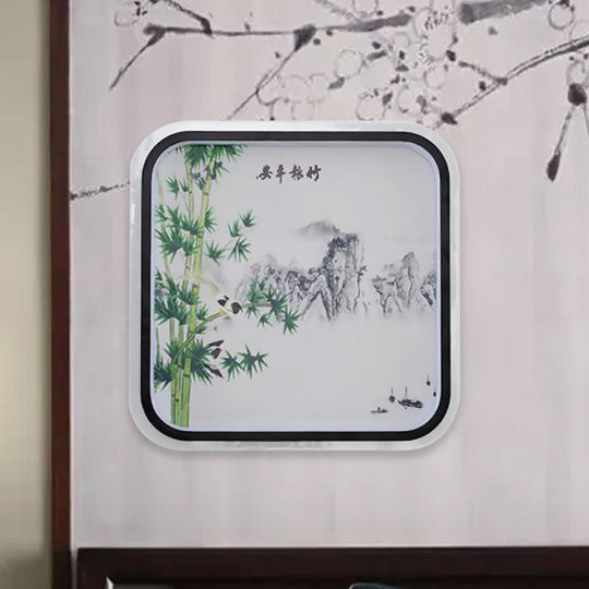 Chinese Led Flush Mount Wall Light With Black Leaf/Flower Painting And Fabric Shade