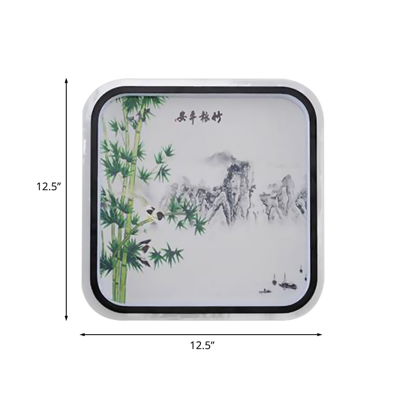 Chinese Led Flush Mount Wall Light With Black Leaf/Flower Painting And Fabric Shade
