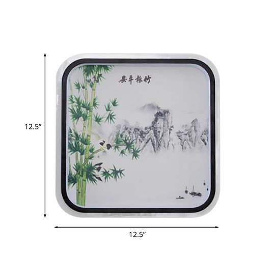 Chinese Led Flush Mount Wall Light With Black Leaf/Flower Painting And Fabric Shade