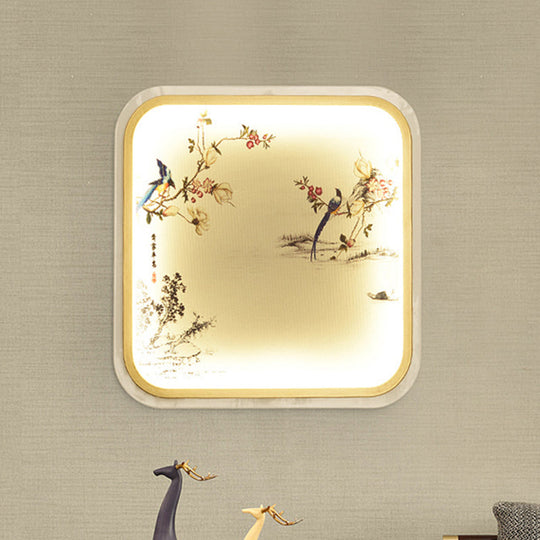 Chinese Led Flush Mount Wall Light With Black Leaf/Flower Painting And Fabric Shade / Flower