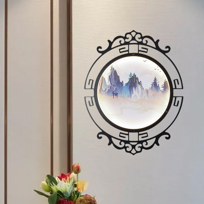 Elk And Mountain Study Room Mural Lamp: Metal Asian Wall Light With Led Scroll Frame Black