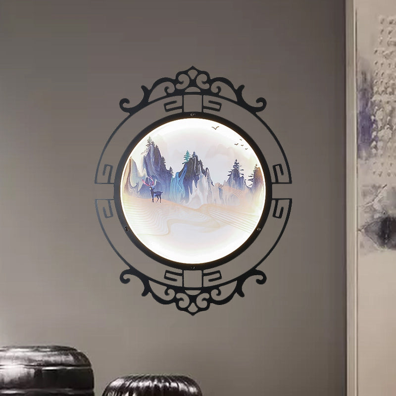 Elk And Mountain Study Room Mural Lamp: Metal Asian Wall Light With Led Scroll Frame