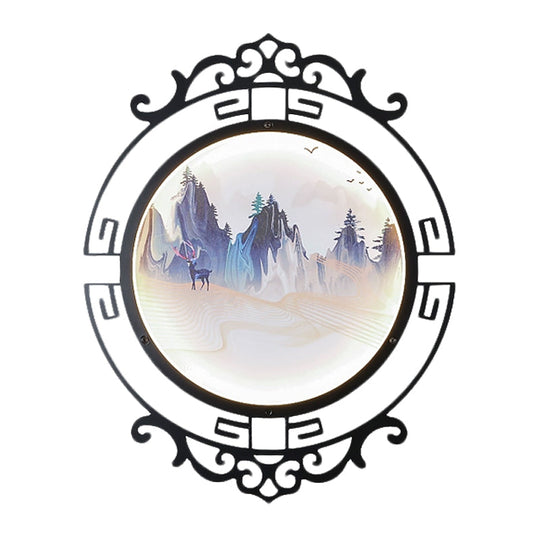 Elk And Mountain Study Room Mural Lamp: Metal Asian Wall Light With Led Scroll Frame