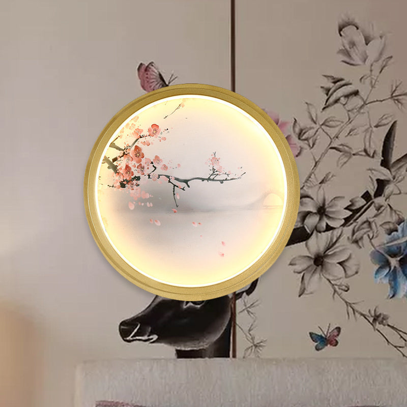 Hand-Painted Floral Mural Led Wall Sconce With Chinese Fabric Gold Frame - Perfect For Living Rooms