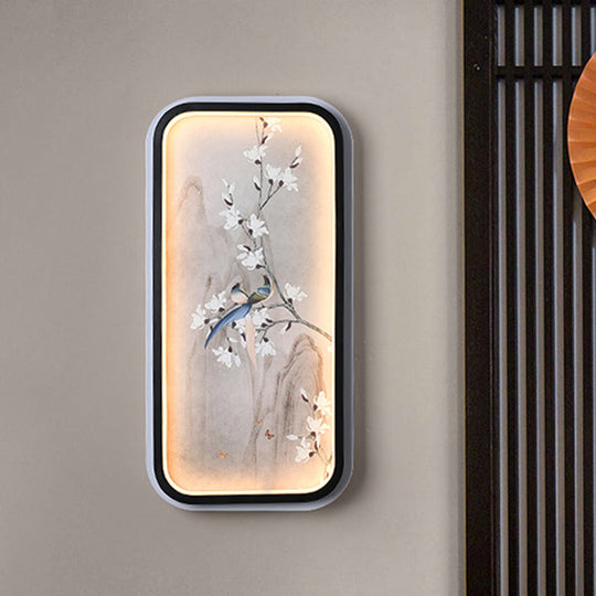Chinese Bird And Flower Fabric Mural Lamp: Led Wall Mounted Lighting Black & White Black-White