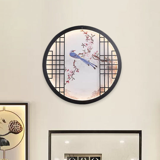 Ultrathin Chinese Led Bedroom Wall Art - Round Bird And Flower Branch Design In Black