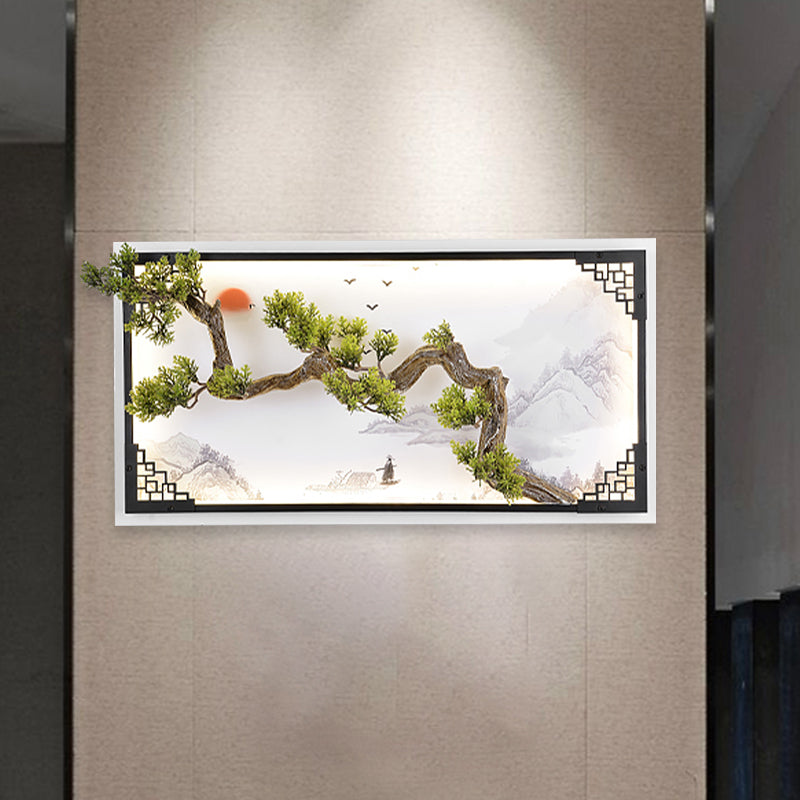 Led Pine Branch Wall Lamp - Iron Asian Living Room Sconce Lighting In White-Green