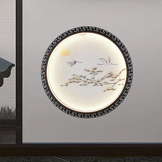 Black Bird And Tree Branch Led Wall Mount Light Fixture - Asian Style With Fabric Shade
