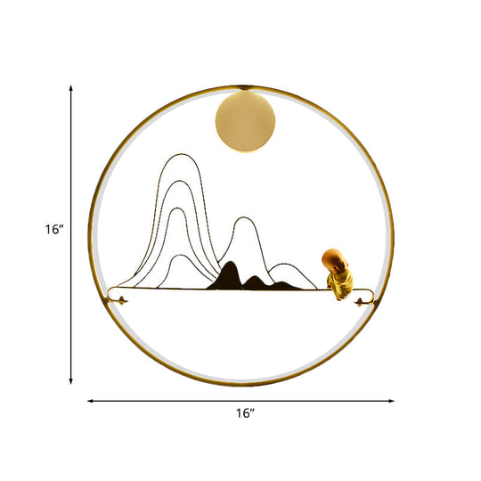 Chinese Style Fabric Gold Led Sconce Light - Mountain And Monk Mural Wall Lamp