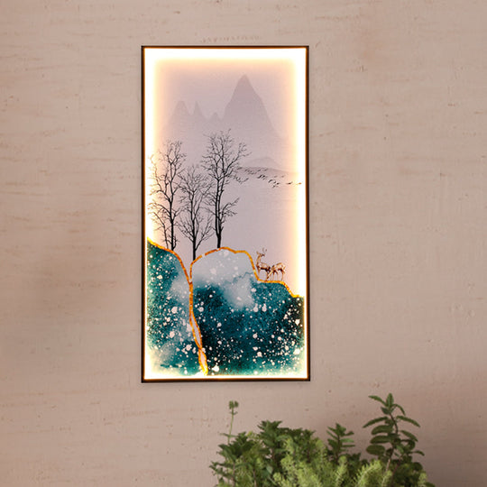 Light Asia Fabric Tearoom Rectangular Wall Mural Led Sconce With Fish/Elk Pattern Blue / Elk