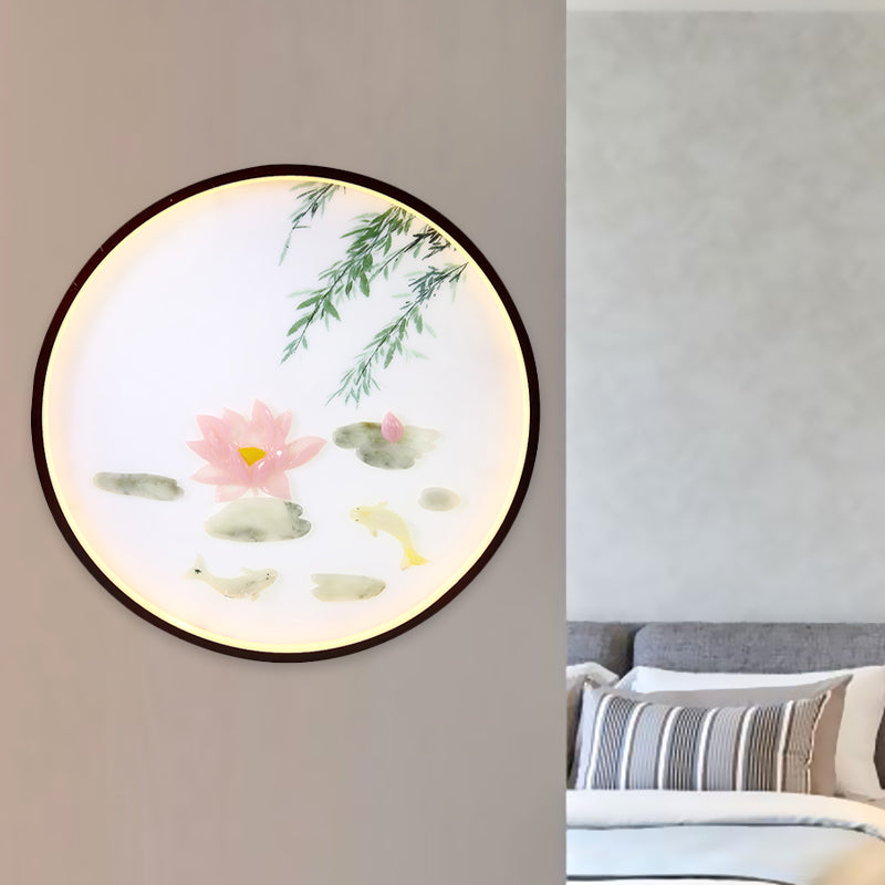 Asian Inspired Pink Lotus Mural Led Flush Mount Wall Sconce: Acrylic Integrated Lighting Solution