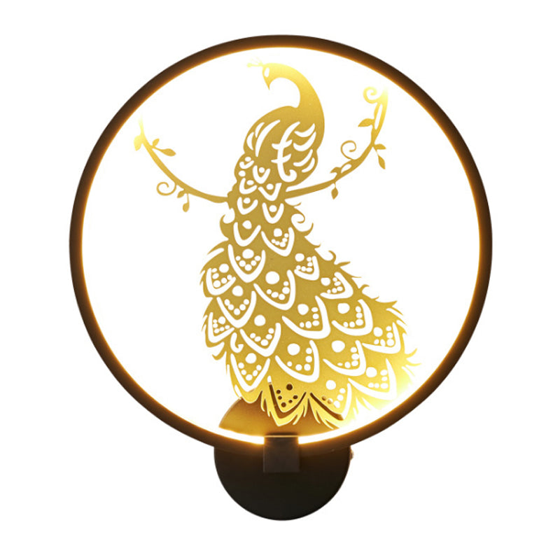 Modern Peacock Mural Wall Light: Black And Gold Aluminum Led Sconce For Living Room