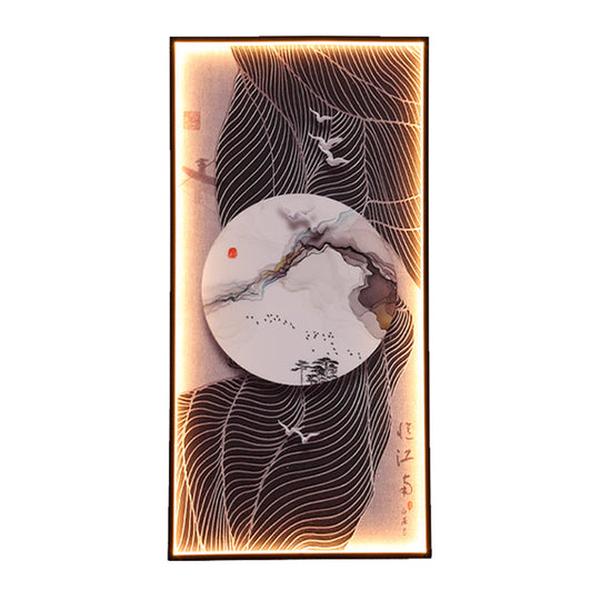 Chinese Style Led Wall Lamp - Fabric Script/Landscapes Mural Lighting Black