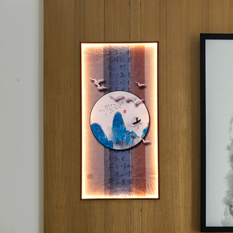 Chinese Style Led Wall Lamp - Fabric Script/Landscapes Mural Lighting Black
