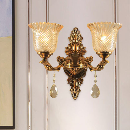 Traditional Brass Lattice Glass Bell Wall Light Sconce For Living Room Lighting