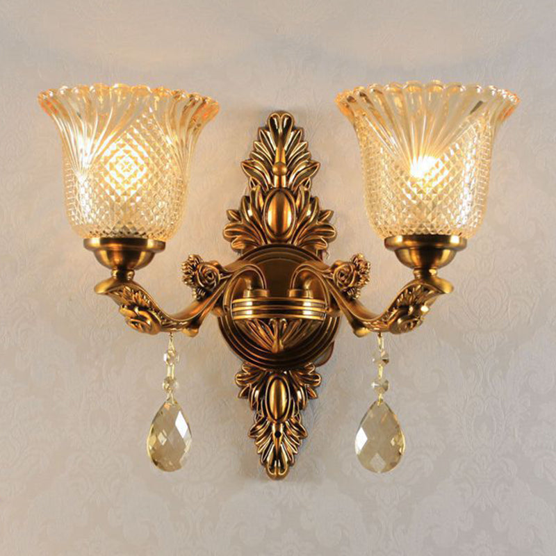 Traditional Brass Lattice Glass Bell Wall Light Sconce For Living Room Lighting