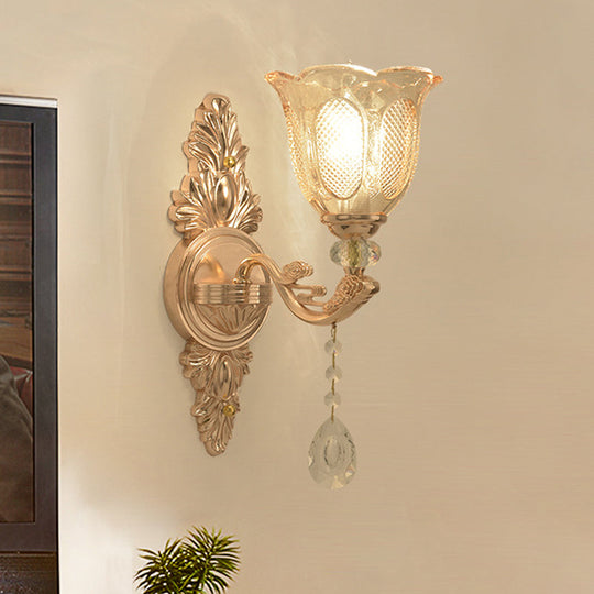 Gold Countryside Carved Glass Wall Sconce Light Fixture - 1/2-Light Scalloped Design 1 /