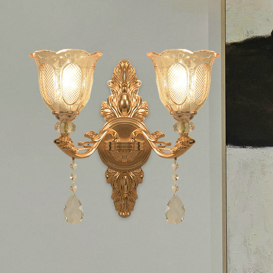 Gold Countryside Carved Glass Wall Sconce Light Fixture - 1/2-Light Scalloped Design 2 /