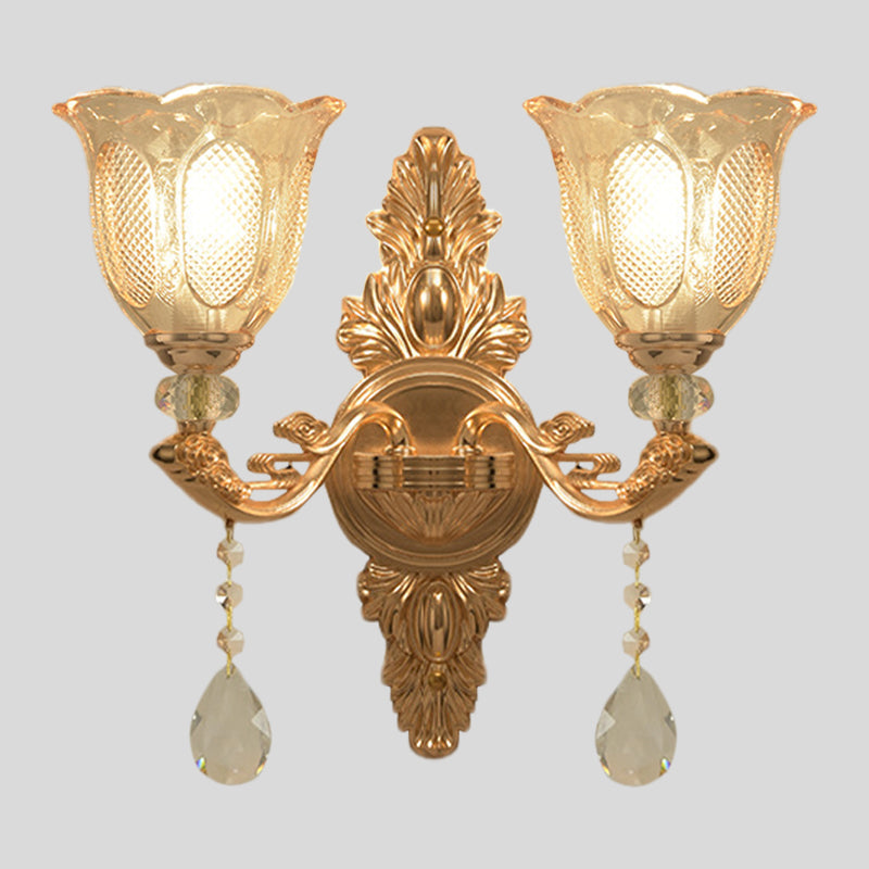 Gold Countryside Carved Glass Wall Sconce Light Fixture - 1/2-Light Scalloped Design