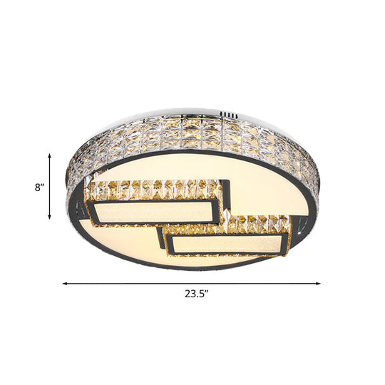 Modern Led Drum Close To Ceiling Lighting Fixture - Stainless Steel With Crystal Flushmount