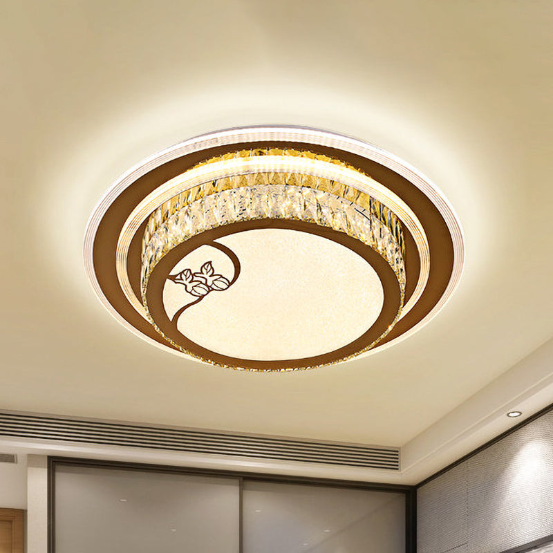 Contemporary Led Crystal Ceiling Light - Chrome Drum Flush Mount For Bedroom Stainless-Steel