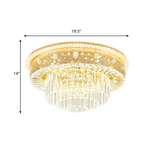 Gold Tiered Drum Bedroom Flushmount Light With Clear Crystal Rectangle Led - Contemporary Flush