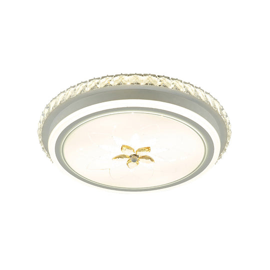 Simplicity Led Metal Flush Lighting With Flower Crystal Decor – White Finish Round Ceiling