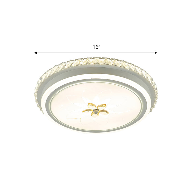 Simplicity Led Metal Flush Lighting With Flower Crystal Decor White Finish Round Ceiling Mounted
