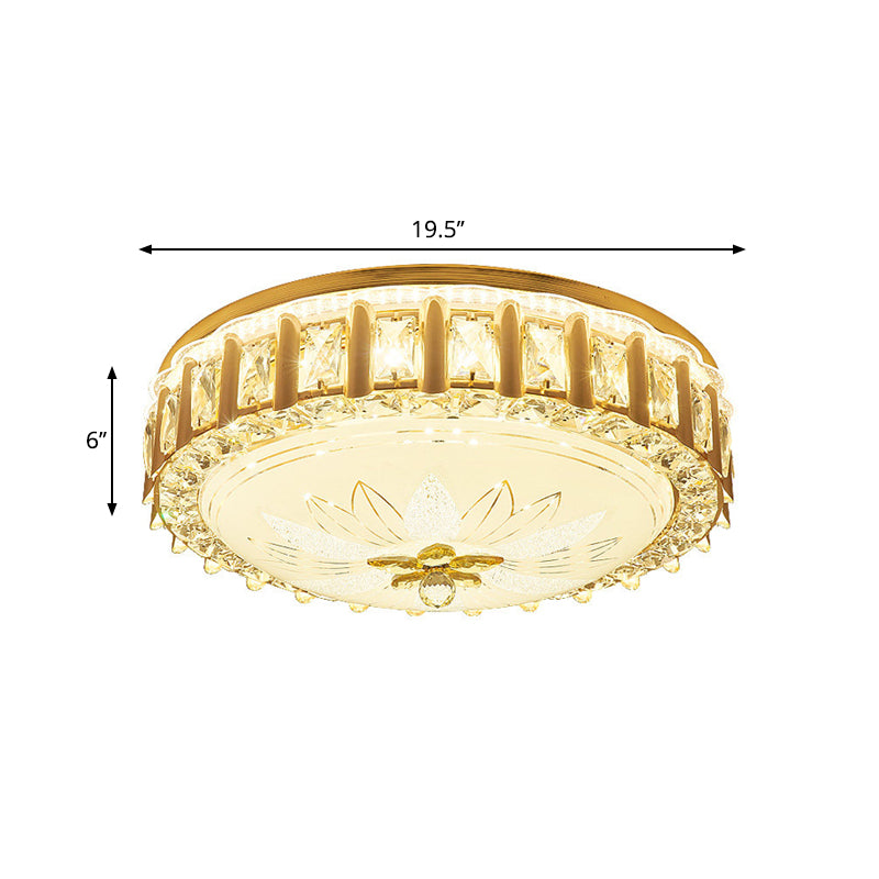 Modernist Gold Led Flush Mount Ceiling Light With Faceted Crystal Drum Shade - Bedroom Lighting