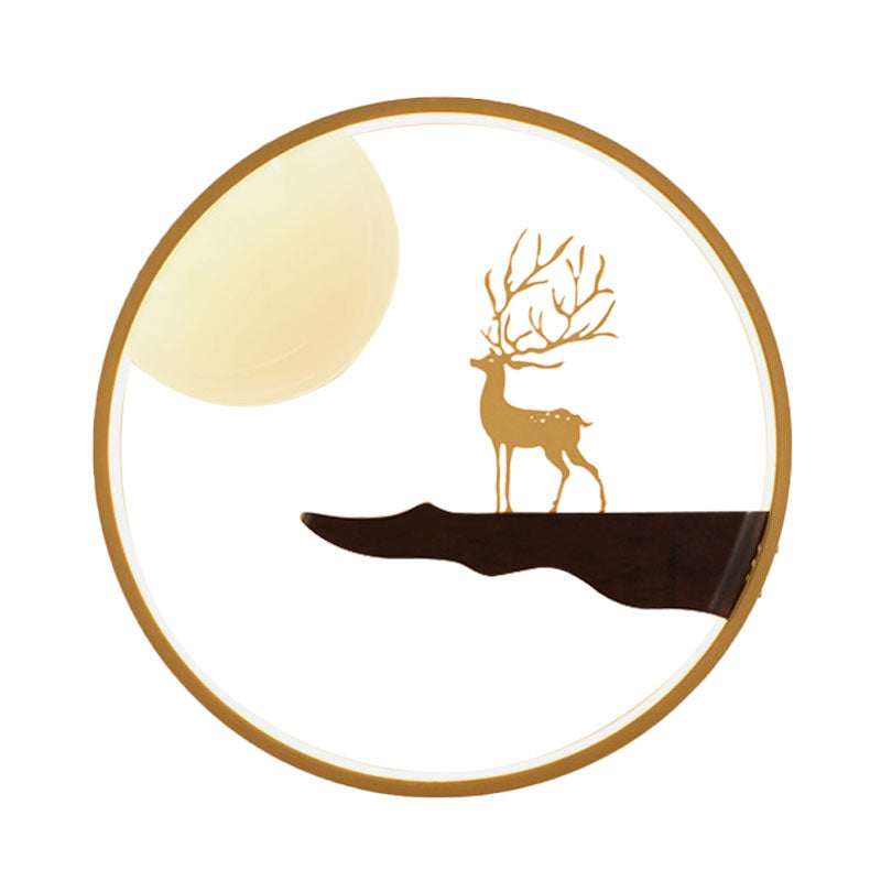 Deer And Moon Asian Led Wall Light With Wood Frame - Black/Beige